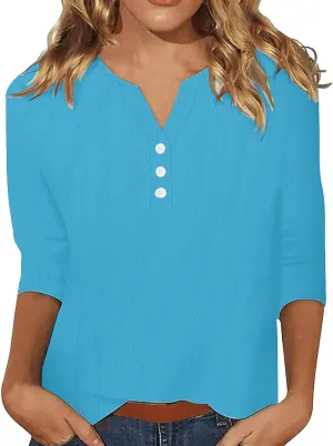 Summer Cotton Linen Shirts for Women 2025 Casual 3/4 Sleeve Tunic Shirts Spring Vacation Fashion Clothes
