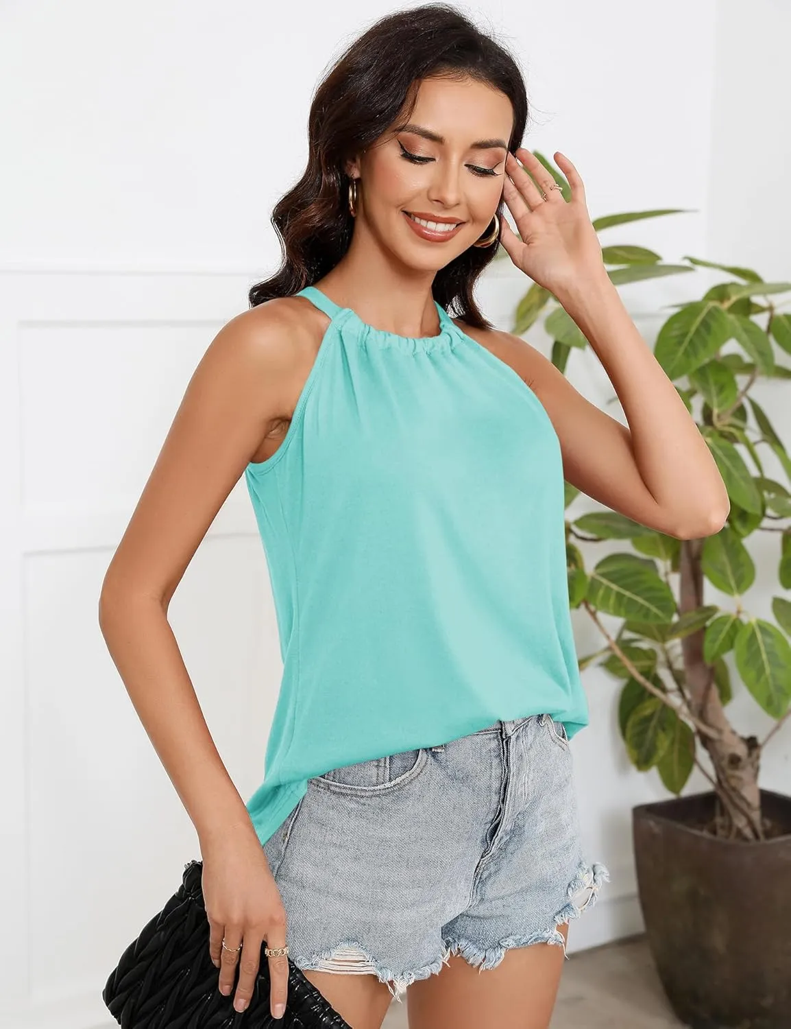 Summer Halter Tank Tops for Women Loose Fit Pleated Tie Back Sleeveless Tops Casual