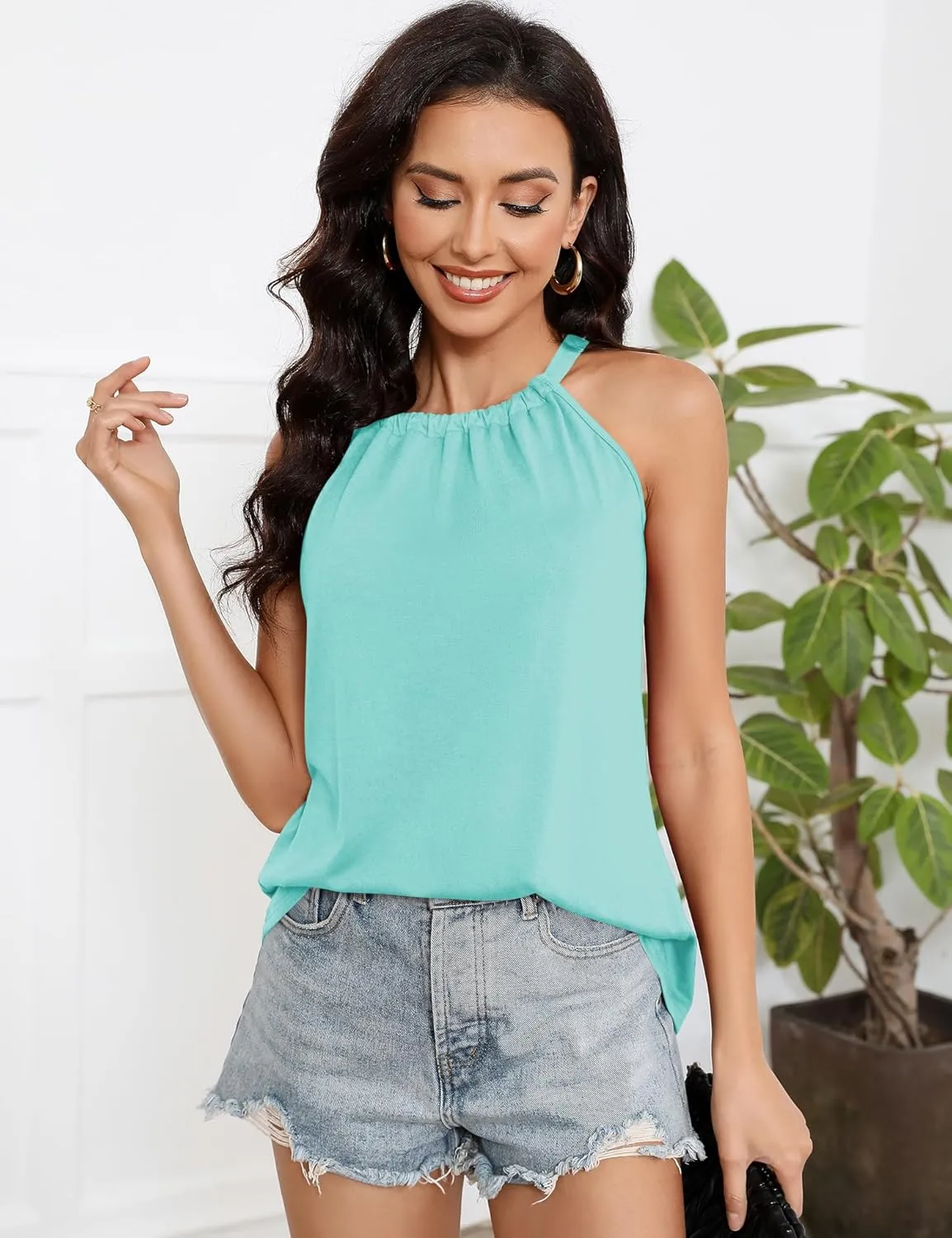 Summer Halter Tank Tops for Women Loose Fit Pleated Tie Back Sleeveless Tops Casual