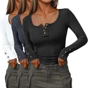 SUNBS Womens 3 Packs Long Sleeve Shirts Casual Fall Fashion Outfits Clothes Henley Tops Basic Ribbed Knit T Shirts 2025