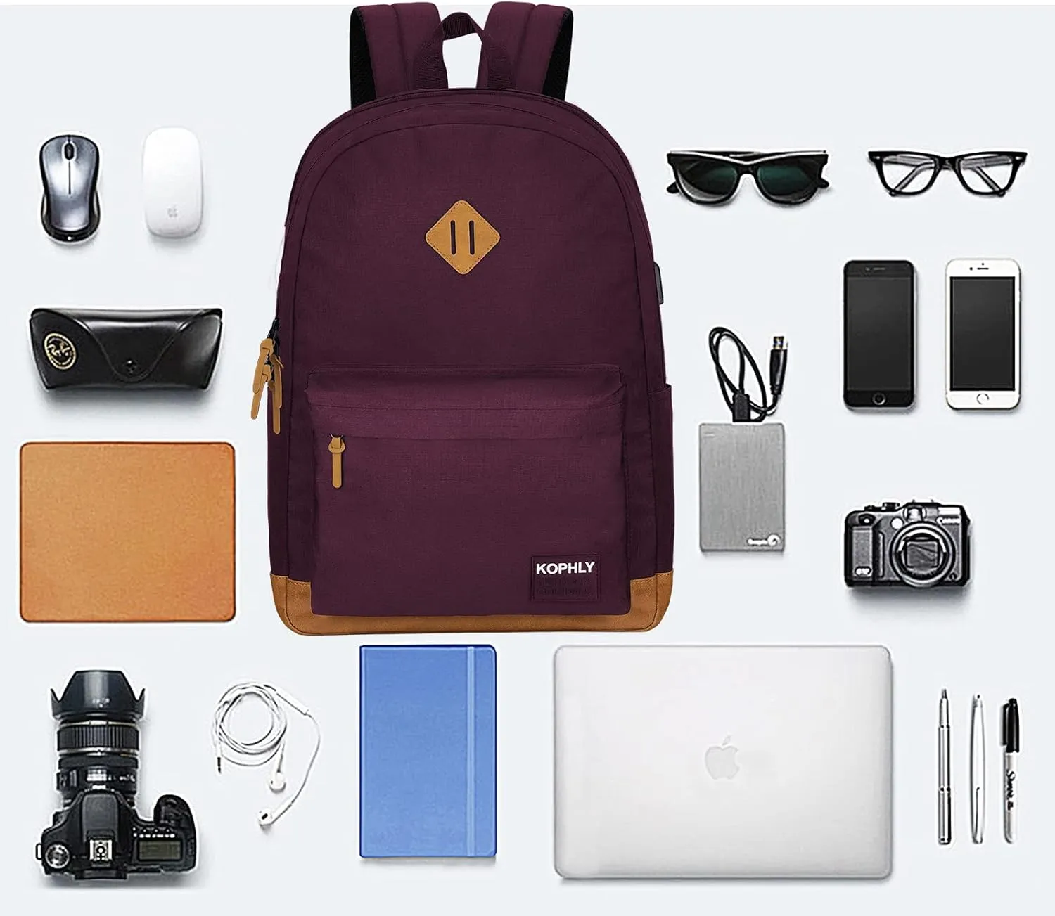 SUPACOOL Lightweight Laptop Backpack with USB Charging Port for Men and Women, Double Layers Backpack for College, Work, Travel, Casual(Purple)