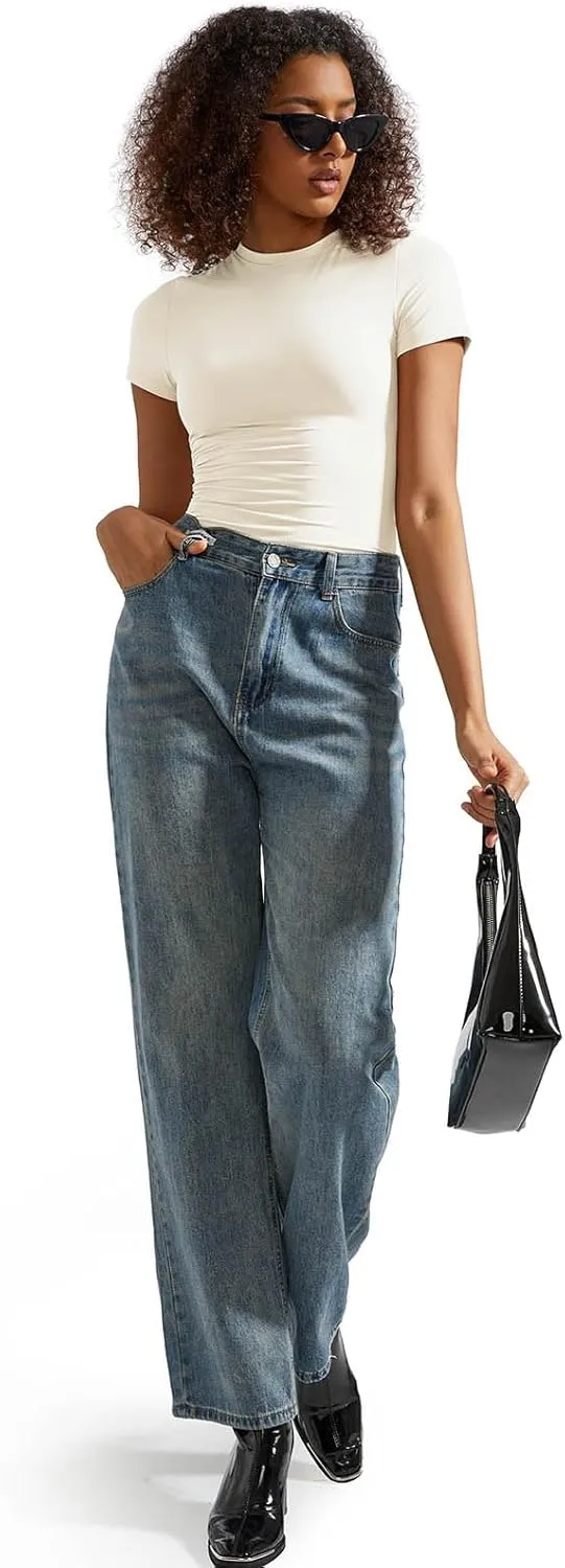 SUUKSESS Women Double Lined Fitted Basic Tee Crew Neck Short Sleeve Y2K Crop Top