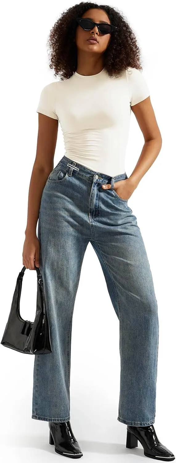 SUUKSESS Women Double Lined Fitted Basic Tee Crew Neck Short Sleeve Y2K Crop Top