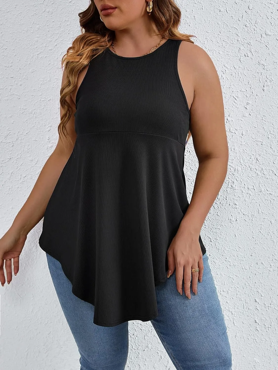 SweatyRocks Women' Loose Sleeveless Solid Color Casual Plain Tank Tops Plus Size Curved Hem Workout Summer Tee Tops