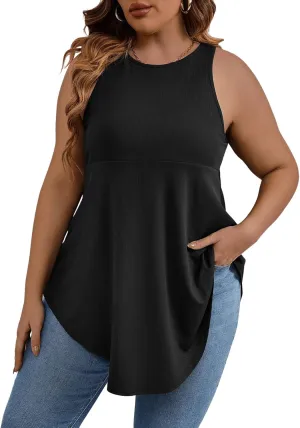 SweatyRocks Women' Loose Sleeveless Solid Color Casual Plain Tank Tops Plus Size Curved Hem Workout Summer Tee Tops