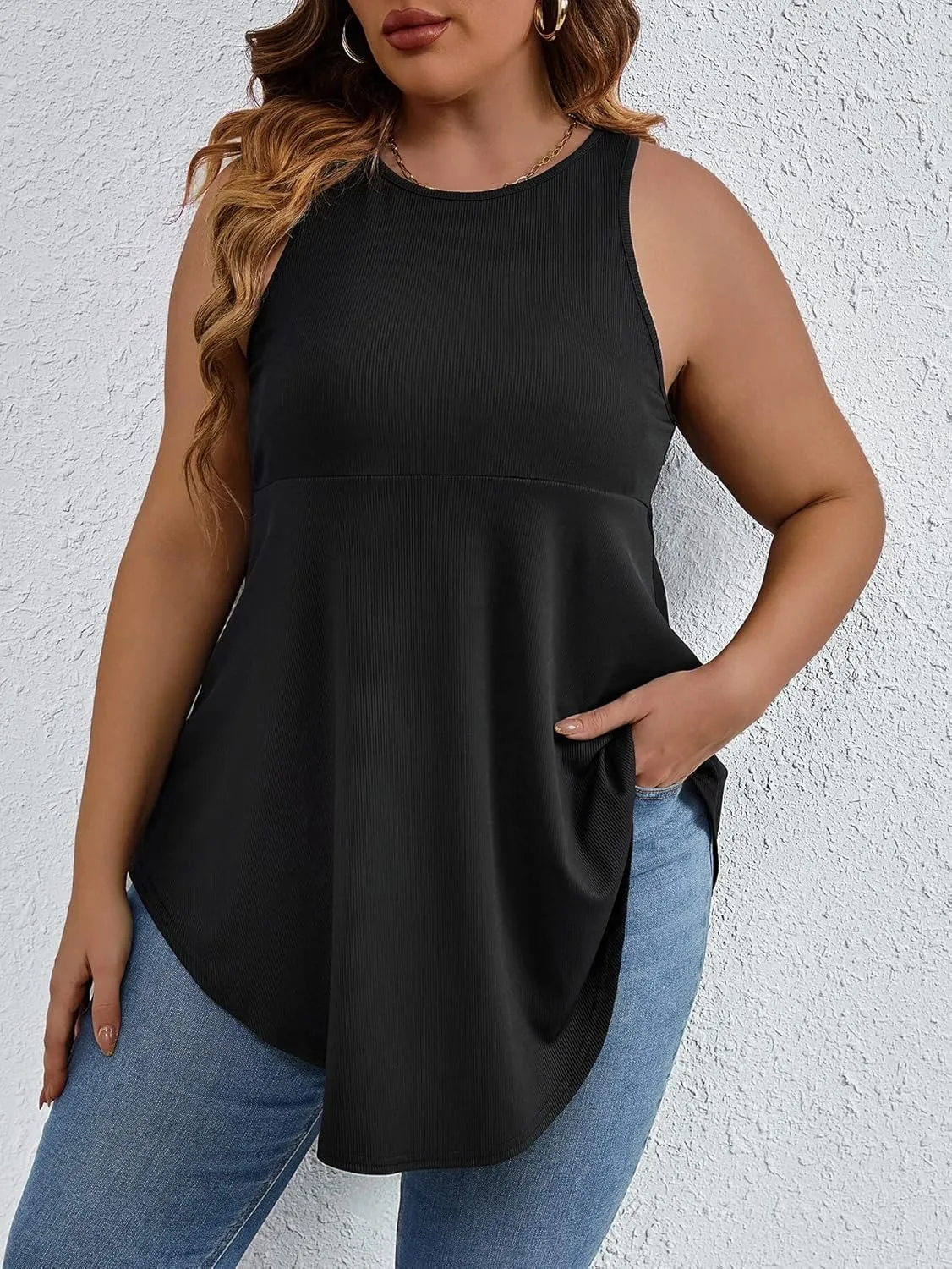 SweatyRocks Women' Loose Sleeveless Solid Color Casual Plain Tank Tops Plus Size Curved Hem Workout Summer Tee Tops