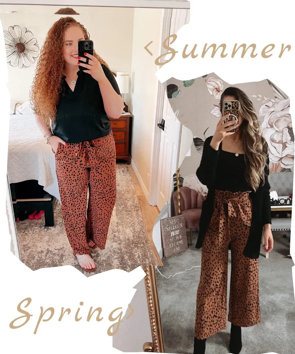 SySea Womens High Waisted Leopard Print Palazzo Pants Belted Wide Leg Long Trousers with Pockets