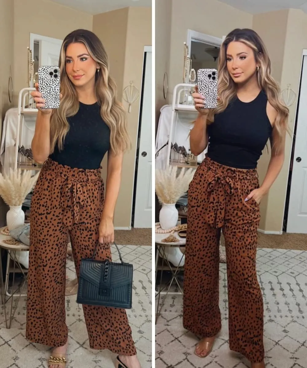 SySea Womens High Waisted Leopard Print Palazzo Pants Belted Wide Leg Long Trousers with Pockets