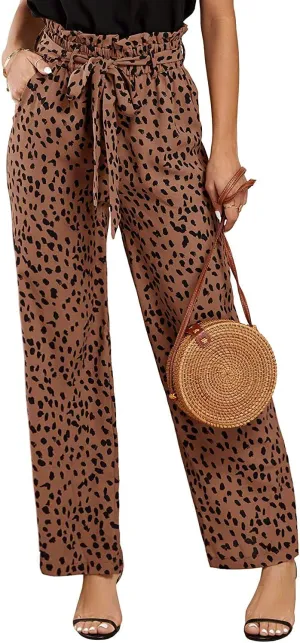SySea Womens High Waisted Leopard Print Palazzo Pants Belted Wide Leg Long Trousers with Pockets