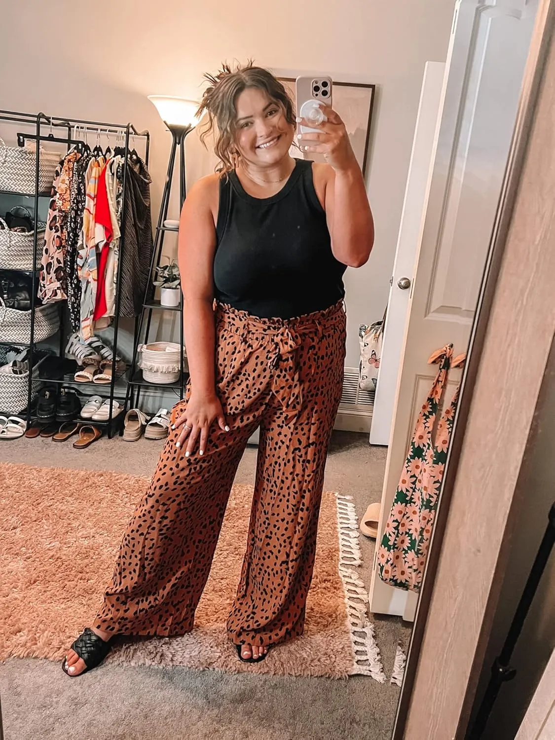SySea Womens High Waisted Leopard Print Palazzo Pants Belted Wide Leg Long Trousers with Pockets