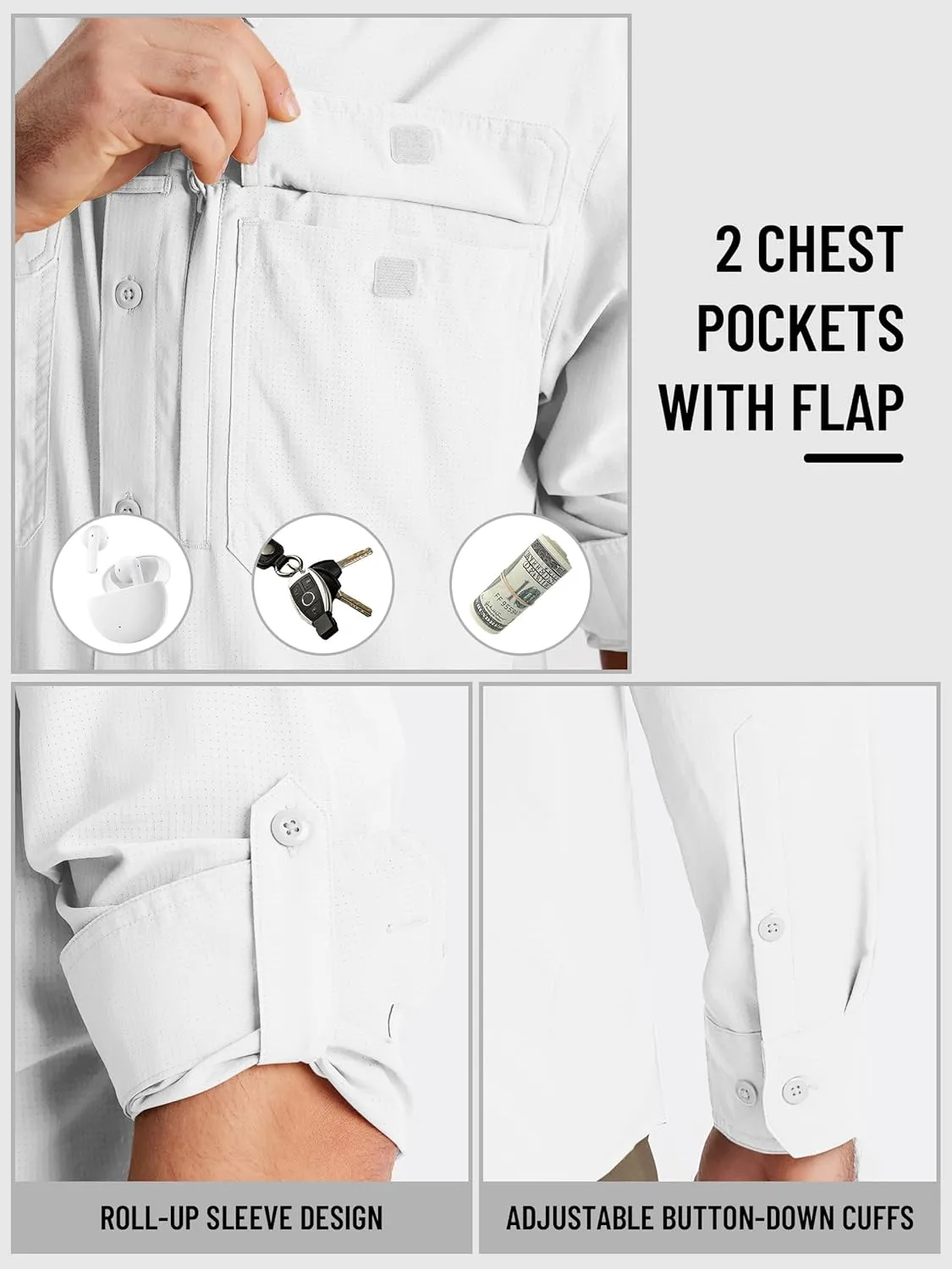 TACVASEN Men's Fishing Shirts Long Sleeve Sun Protection UPF50  Quick Dry Button Down Shirts with Zipper Pockets