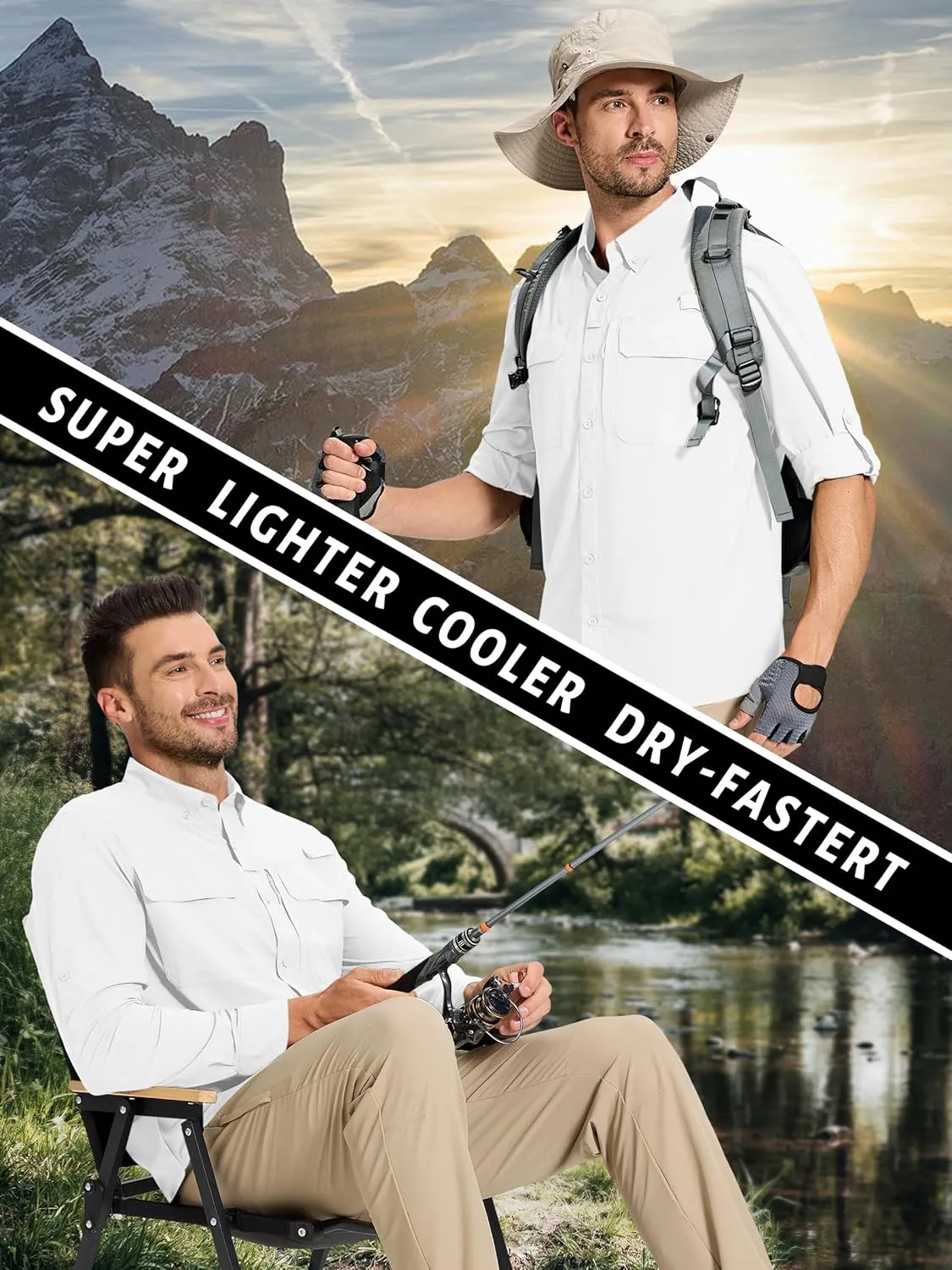 TACVASEN Men's Fishing Shirts Long Sleeve Sun Protection UPF50  Quick Dry Button Down Shirts with Zipper Pockets