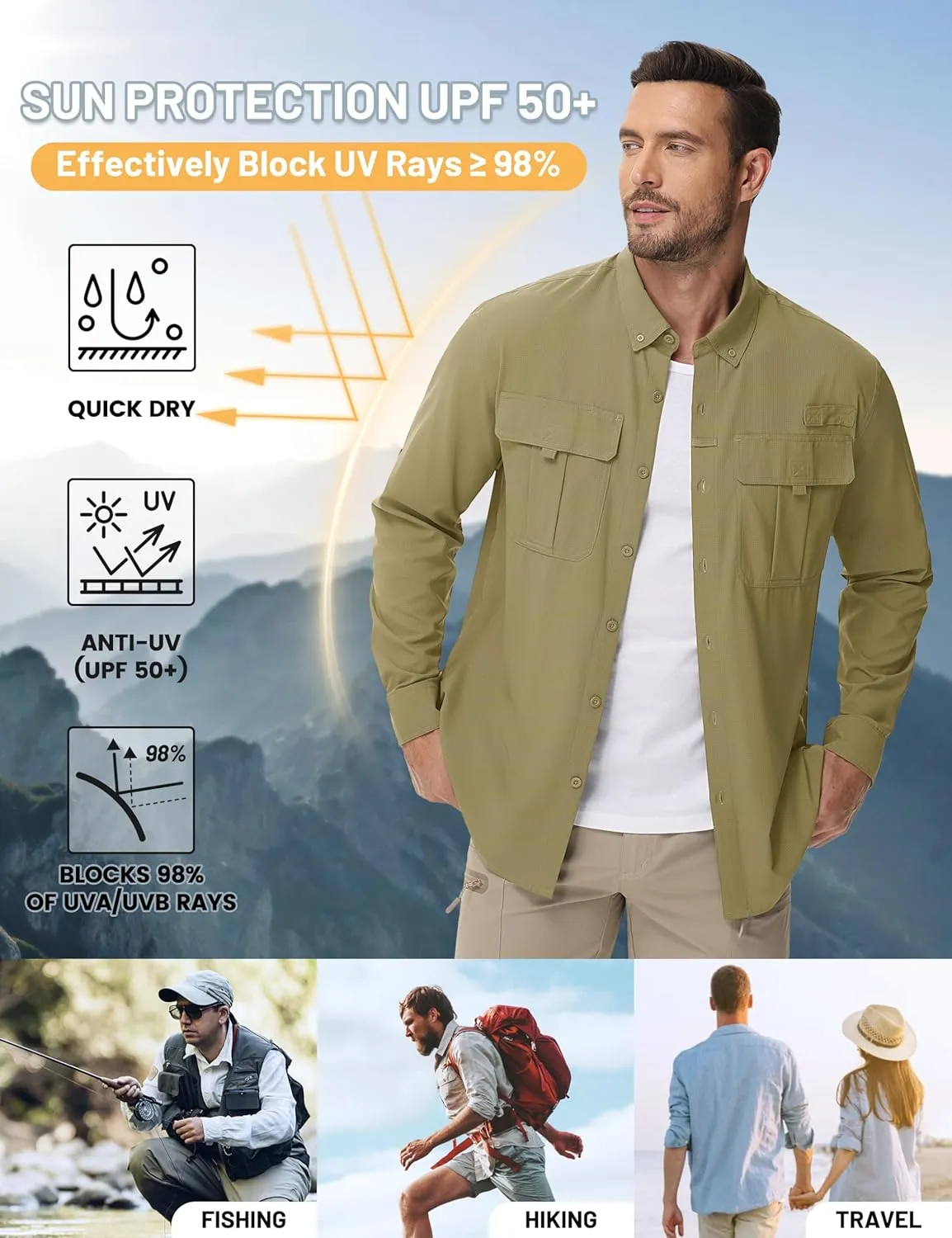 TACVASEN Mens Long Sleeve Sun Protection Shirt UPF 50  Quick Dry Fishing Cooling UV Shirts Outdoor Tactical Hiking Shirts