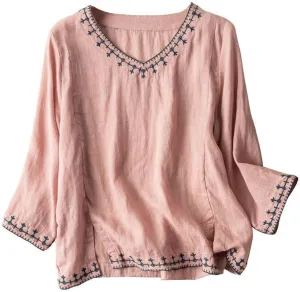 TANGNADE Womens Cotton Linen 3/4 Sleeve Tunic Tops Boho Short Sleeve V Neck Embroidery Shirts Cute Summer Outfits