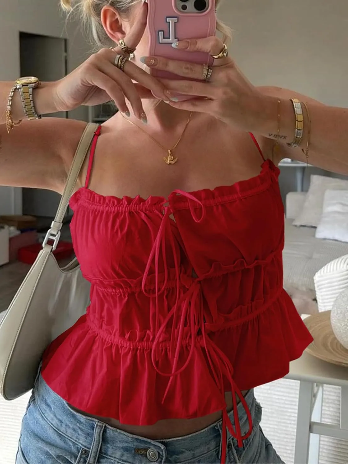 Tankaneo Womens Summer Tie Front Crop Tops Cute Ruffle Ruched Spaghetti Strap Tank Tops Y2K Going Out Shirts