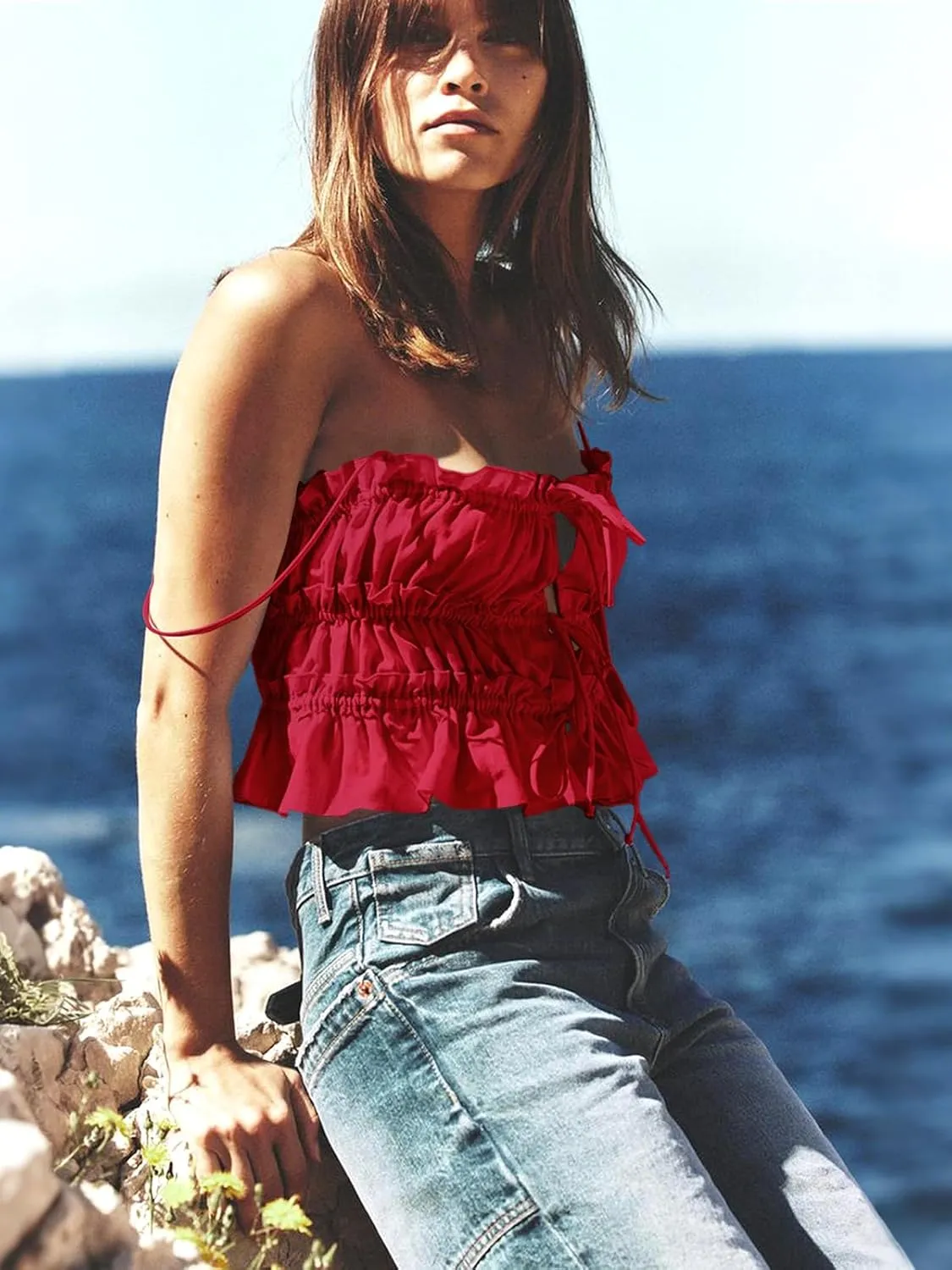 Tankaneo Womens Summer Tie Front Crop Tops Cute Ruffle Ruched Spaghetti Strap Tank Tops Y2K Going Out Shirts