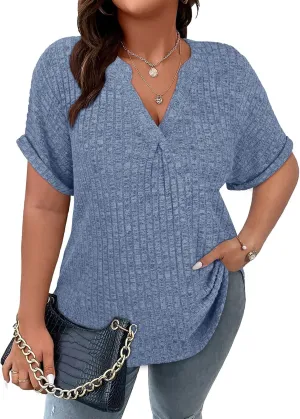 Tanst Sky Womens Plus Size Tops Short Sleeve V Neck Shirts Summer Casual Tunic Blouses XL-5XL
