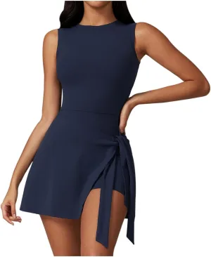 Tennis Dress With Slit For Women High Neck Sleeveless Wrap Skirt Built in Shorts Workout Golf Athletic Dress Rompers