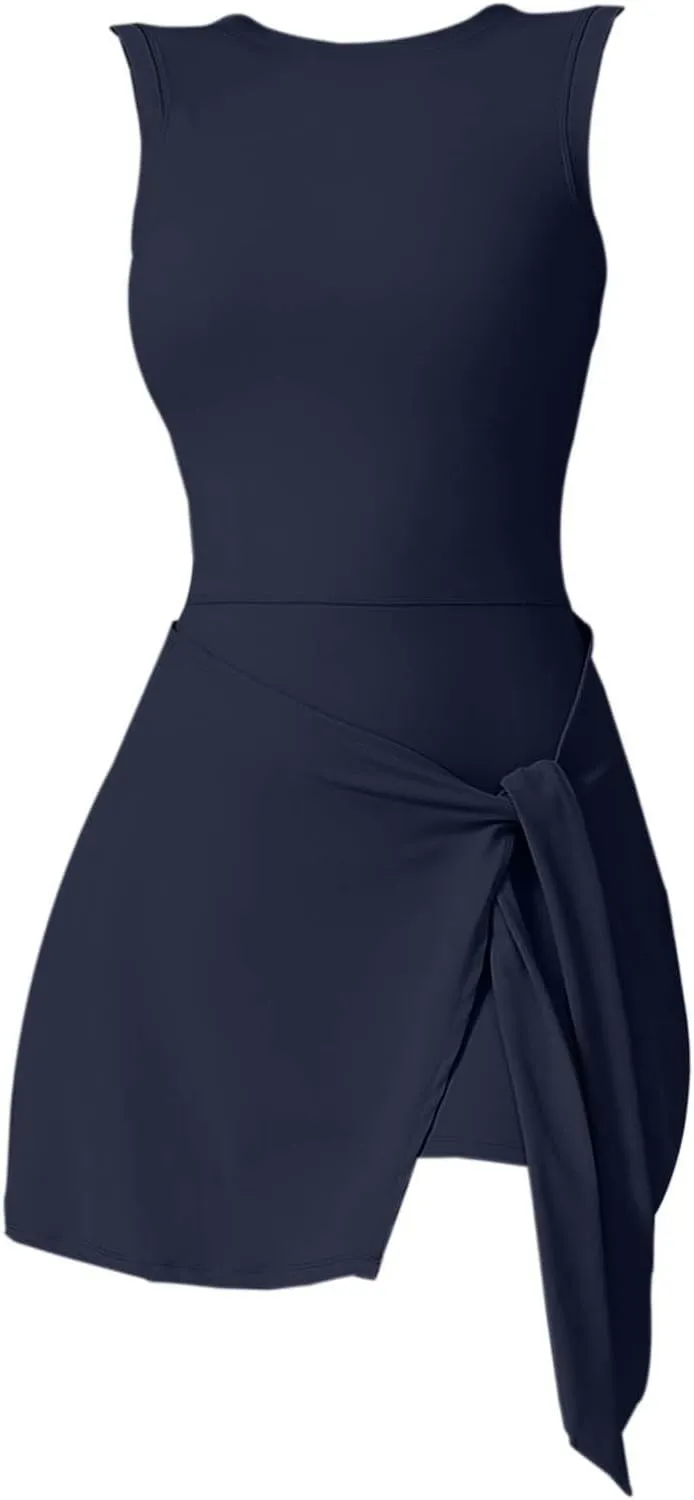 Tennis Dress With Slit For Women High Neck Sleeveless Wrap Skirt Built in Shorts Workout Golf Athletic Dress Rompers