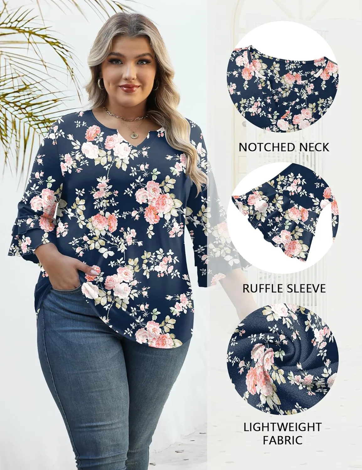 TFSDOD Plus Size Tops for Women V Neck 3/4 Sleeve Dressy Tunics Business Casual Double Layers Shirts(1XL-5XL