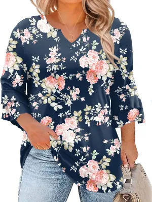 TFSDOD Plus Size Tops for Women V Neck 3/4 Sleeve Dressy Tunics Business Casual Double Layers Shirts(1XL-5XL
