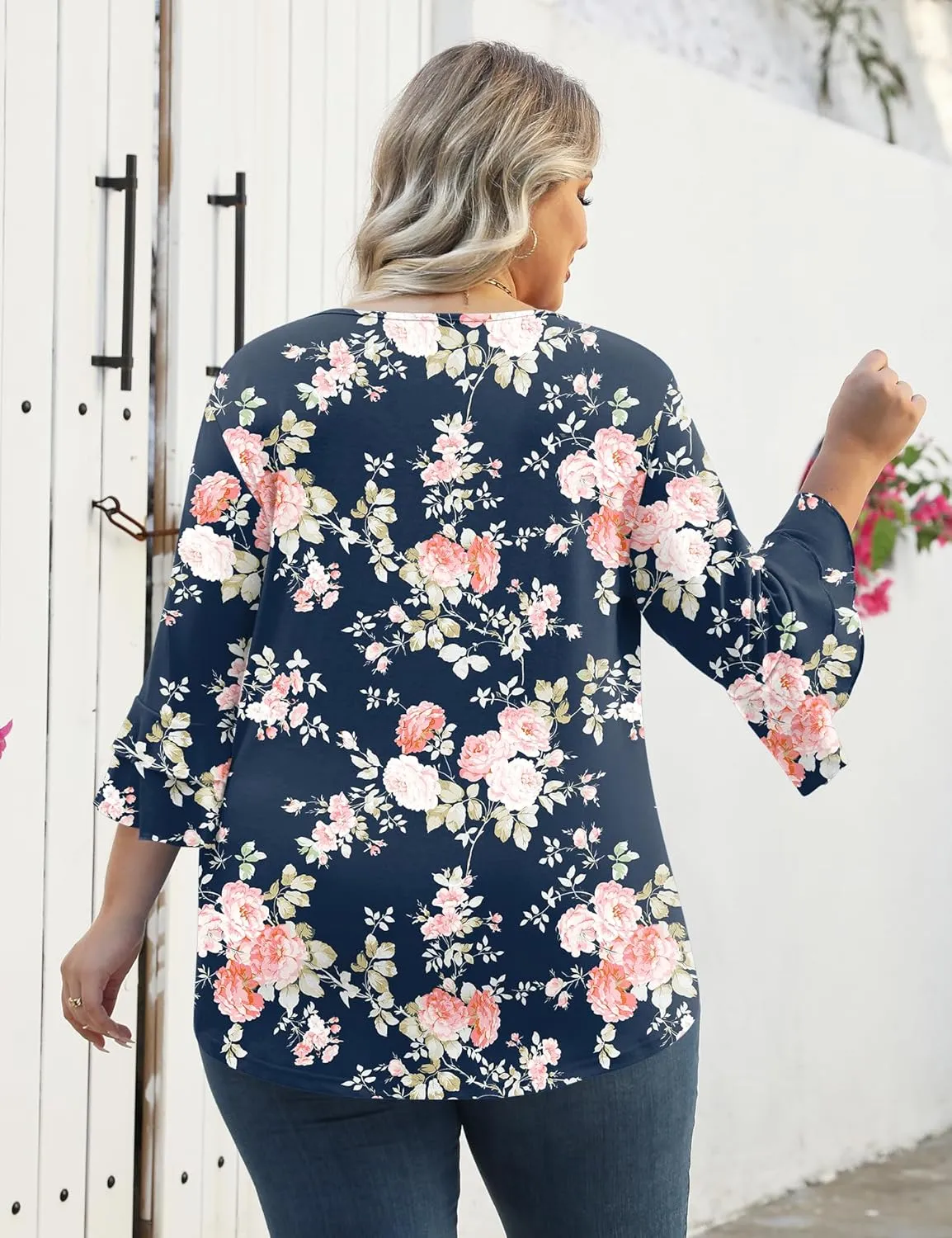 TFSDOD Plus Size Tops for Women V Neck 3/4 Sleeve Dressy Tunics Business Casual Double Layers Shirts(1XL-5XL