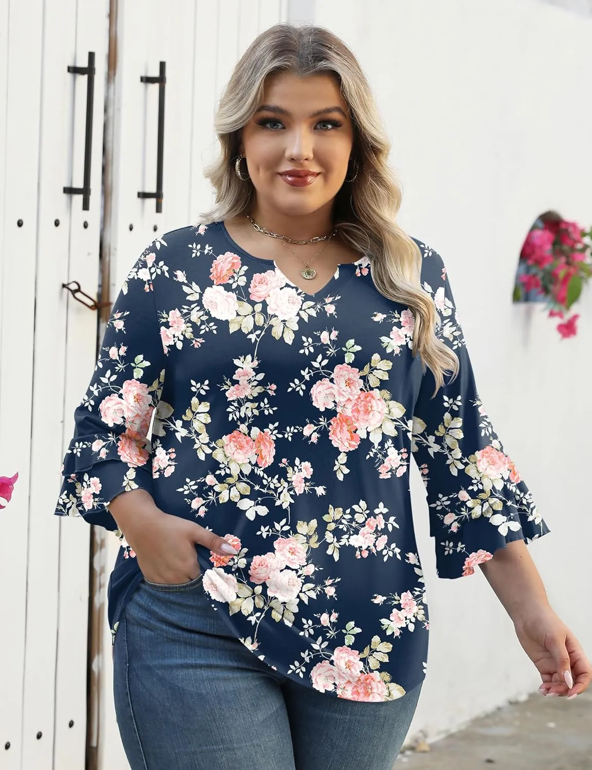 TFSDOD Plus Size Tops for Women V Neck 3/4 Sleeve Dressy Tunics Business Casual Double Layers Shirts(1XL-5XL