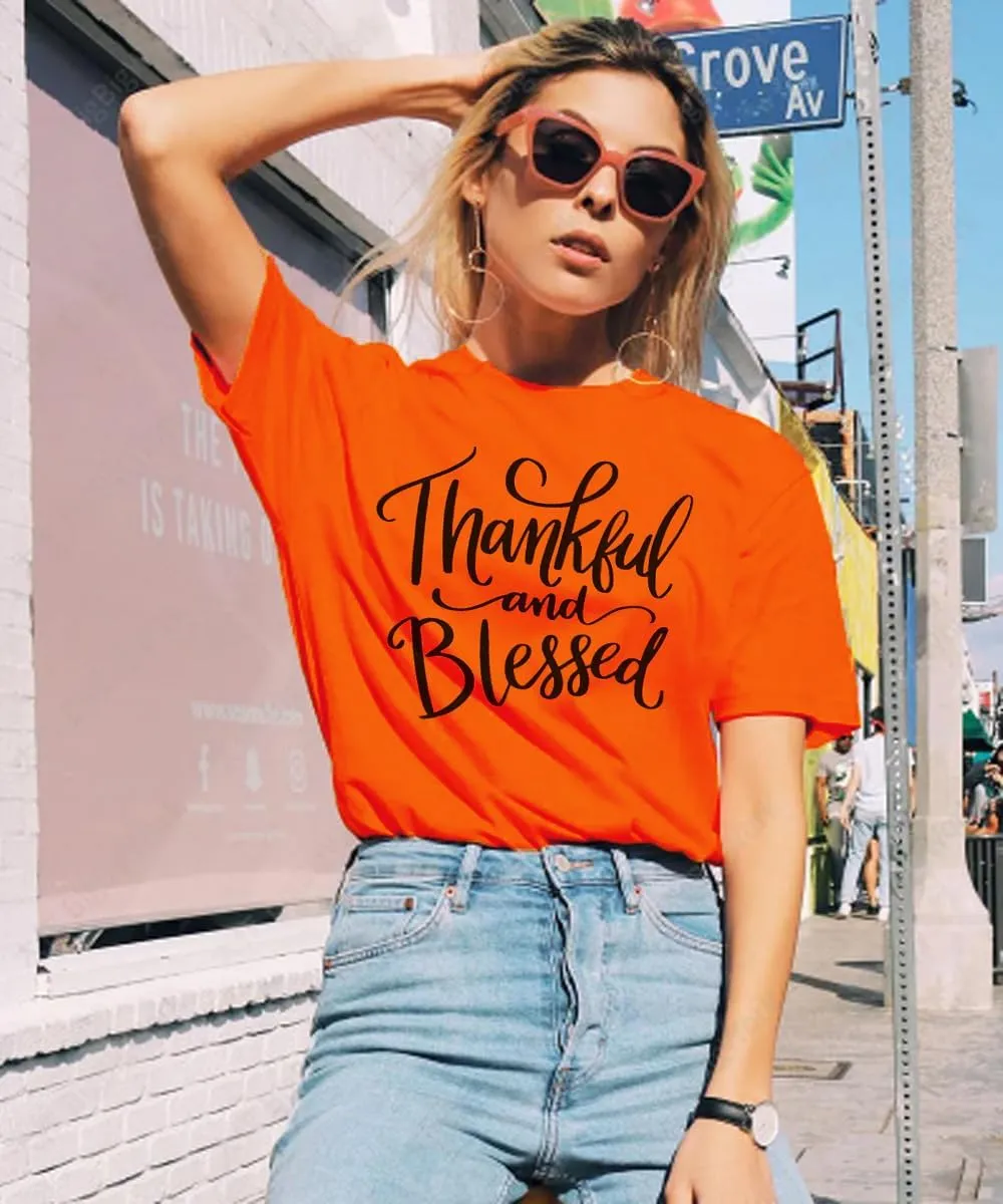 Thanksgiving Shirts for Women Thankful and Blessed Tshirt Fall Graphic Tees Casual Short Sleeve Tops