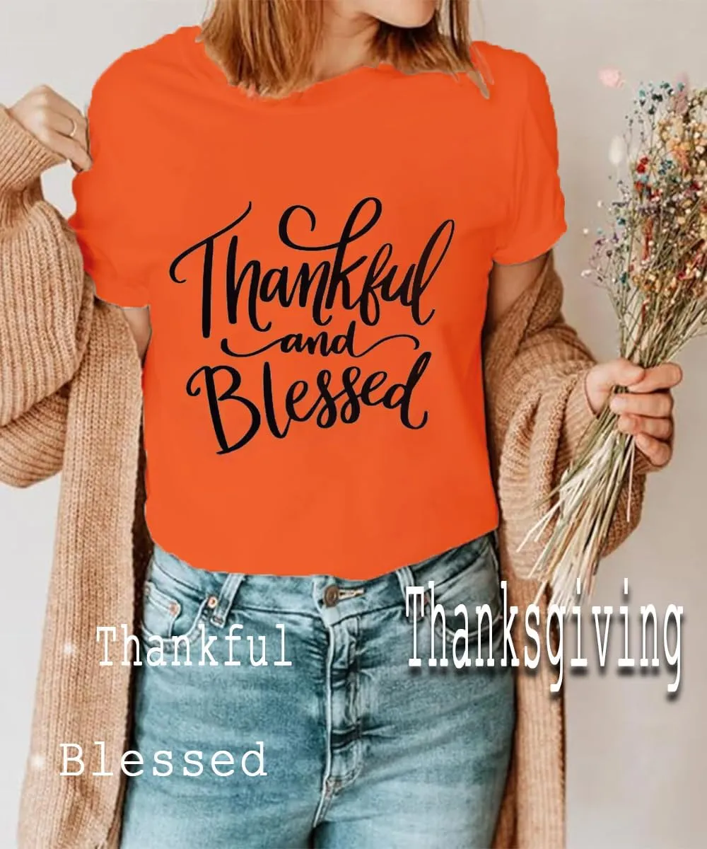 Thanksgiving Shirts for Women Thankful and Blessed Tshirt Fall Graphic Tees Casual Short Sleeve Tops