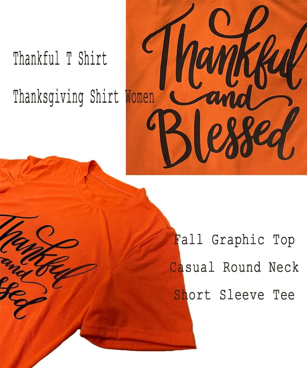 Thanksgiving Shirts for Women Thankful and Blessed Tshirt Fall Graphic Tees Casual Short Sleeve Tops