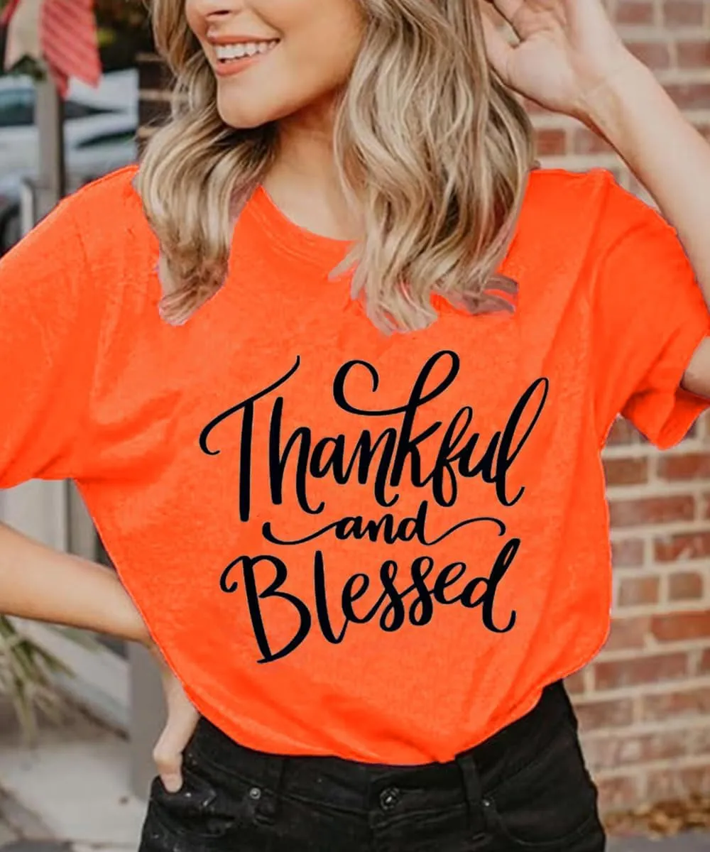Thanksgiving Shirts for Women Thankful and Blessed Tshirt Fall Graphic Tees Casual Short Sleeve Tops