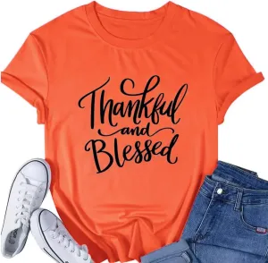 Thanksgiving Shirts for Women Thankful and Blessed Tshirt Fall Graphic Tees Casual Short Sleeve Tops