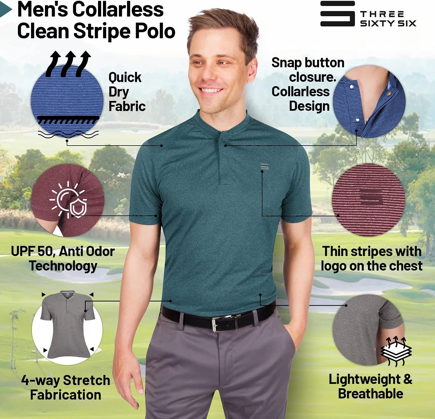 Three Sixty Six Men's Short Sleeve Collarless Golf Polo - Lightweight, Moisture-Wicking, Quick Dry, Stretch Fabric