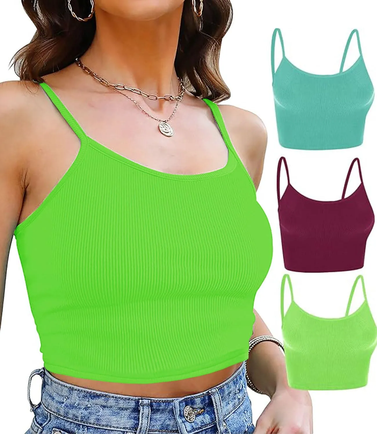 Topstype 3 Pcs Cropped Cami Thick Ribbed Double Layers Womens Crop Tank Tops Layering Undershirt Camisole No Pad