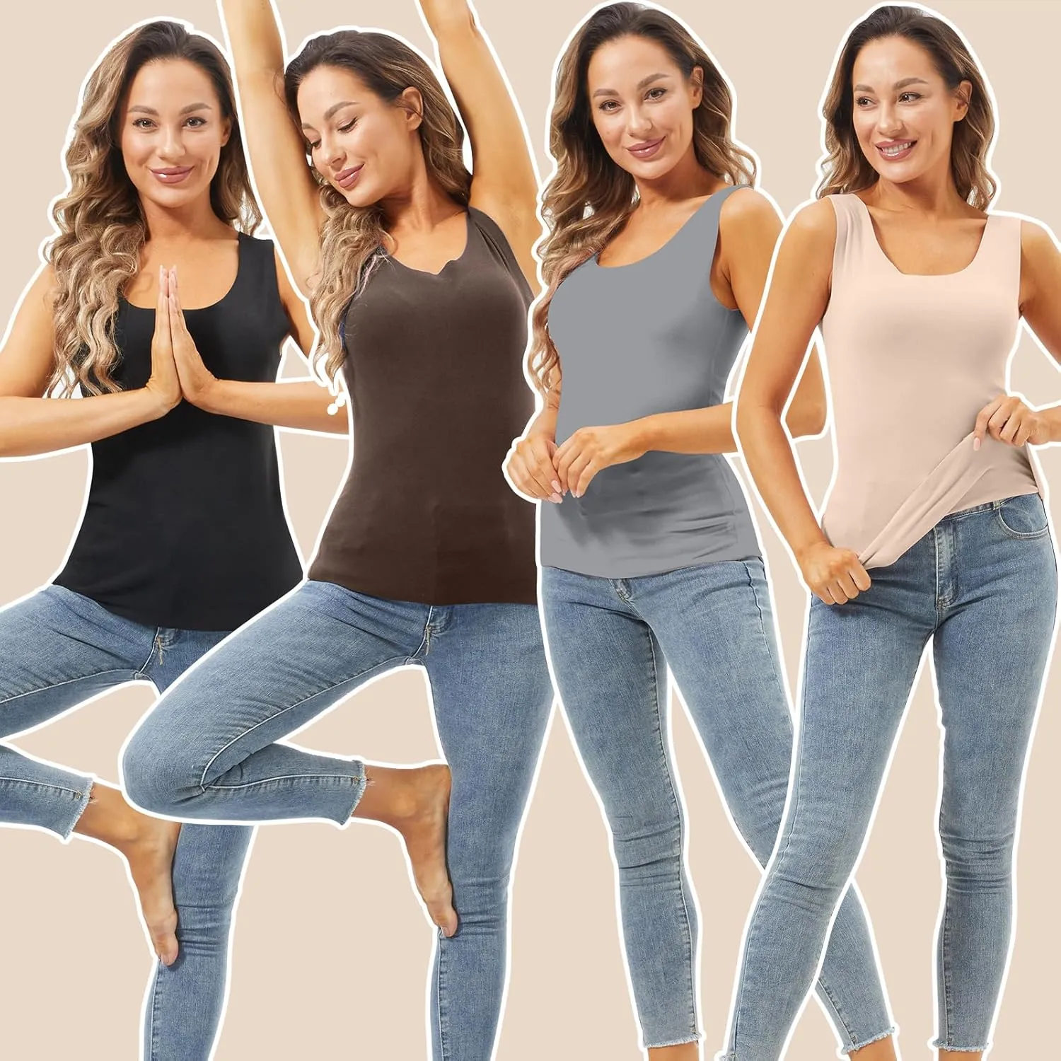 Toulite 4 Pcs Thermal Tank Tops Women Underwear Tops Sleeveless Undershirt for Women Cotton Camisole Warm Base Layer