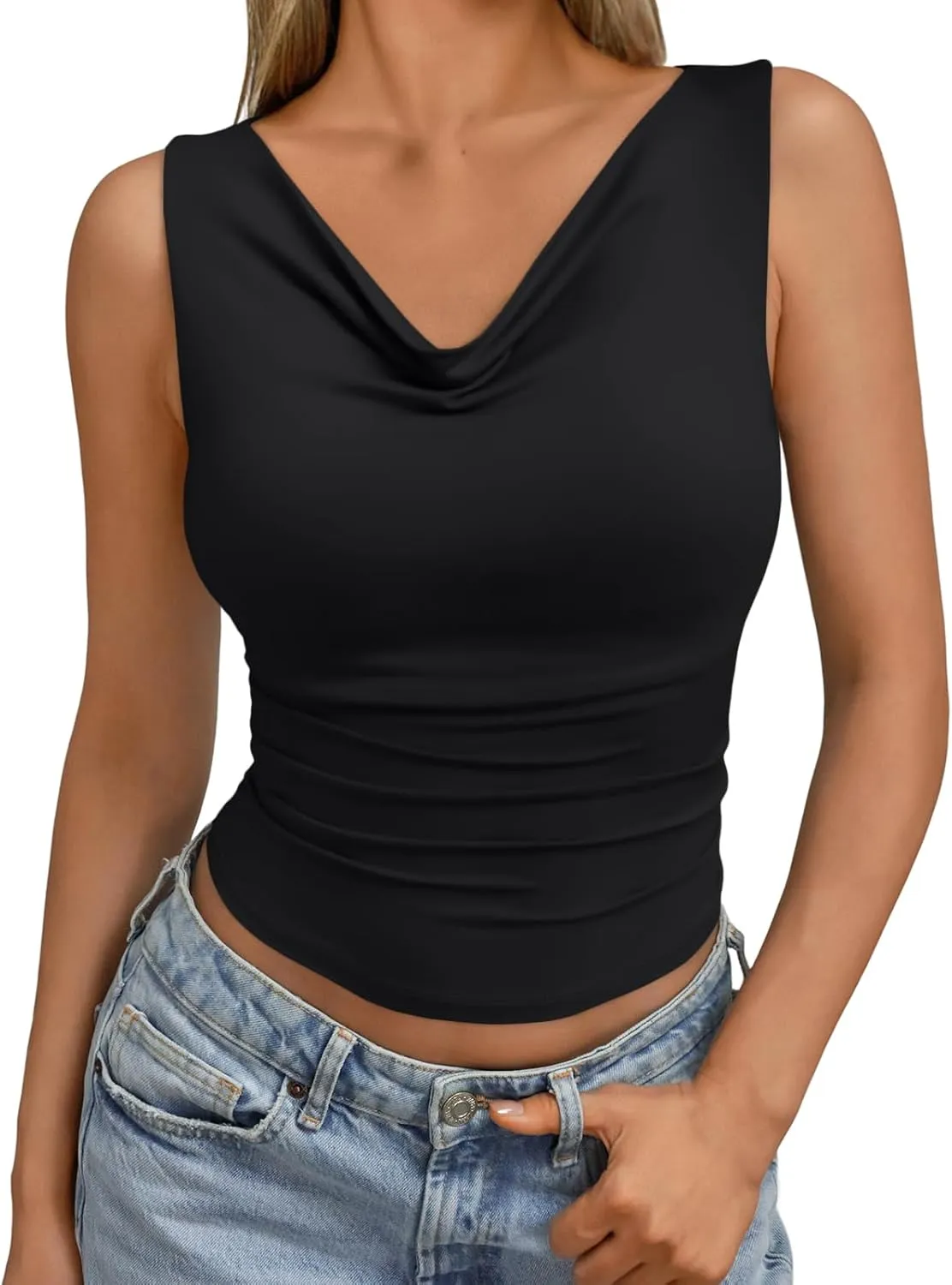 Trendy Queen Womens Going Out Tank Tops 2025 Cowl Neck V Basic Cute Sleeveless Shirts Summer Fashion Outfits Clothes