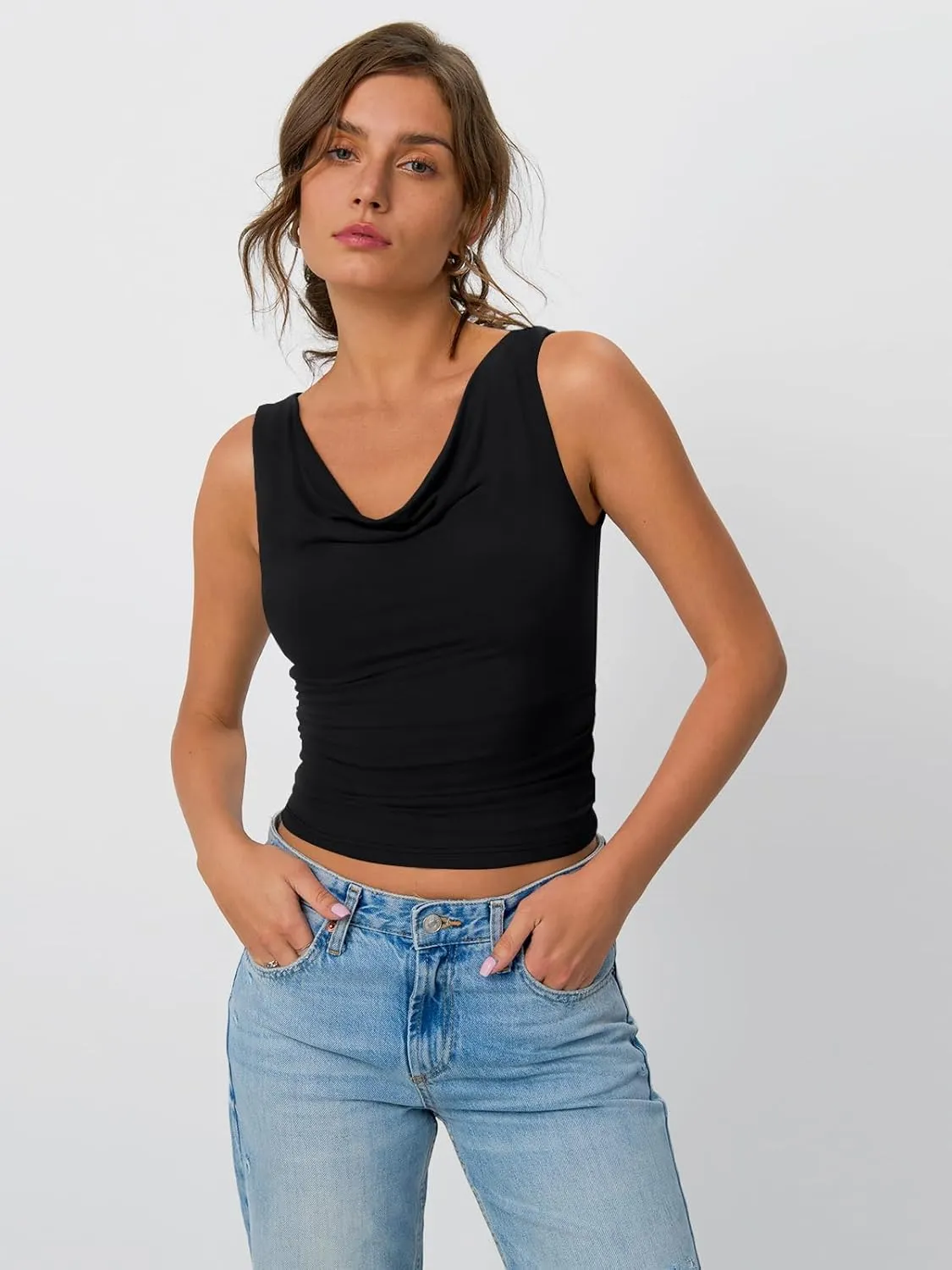 Trendy Queen Womens Going Out Tank Tops 2025 Cowl Neck V Basic Cute Sleeveless Shirts Summer Fashion Outfits Clothes