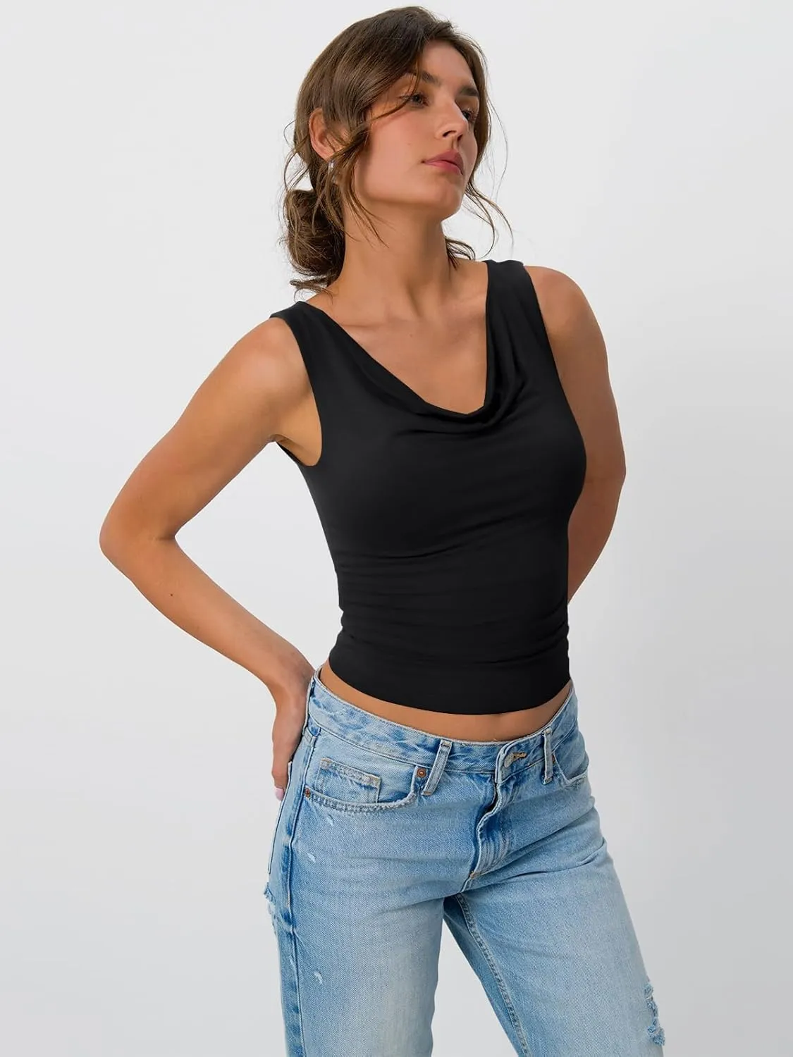 Trendy Queen Womens Going Out Tank Tops 2025 Cowl Neck V Basic Cute Sleeveless Shirts Summer Fashion Outfits Clothes