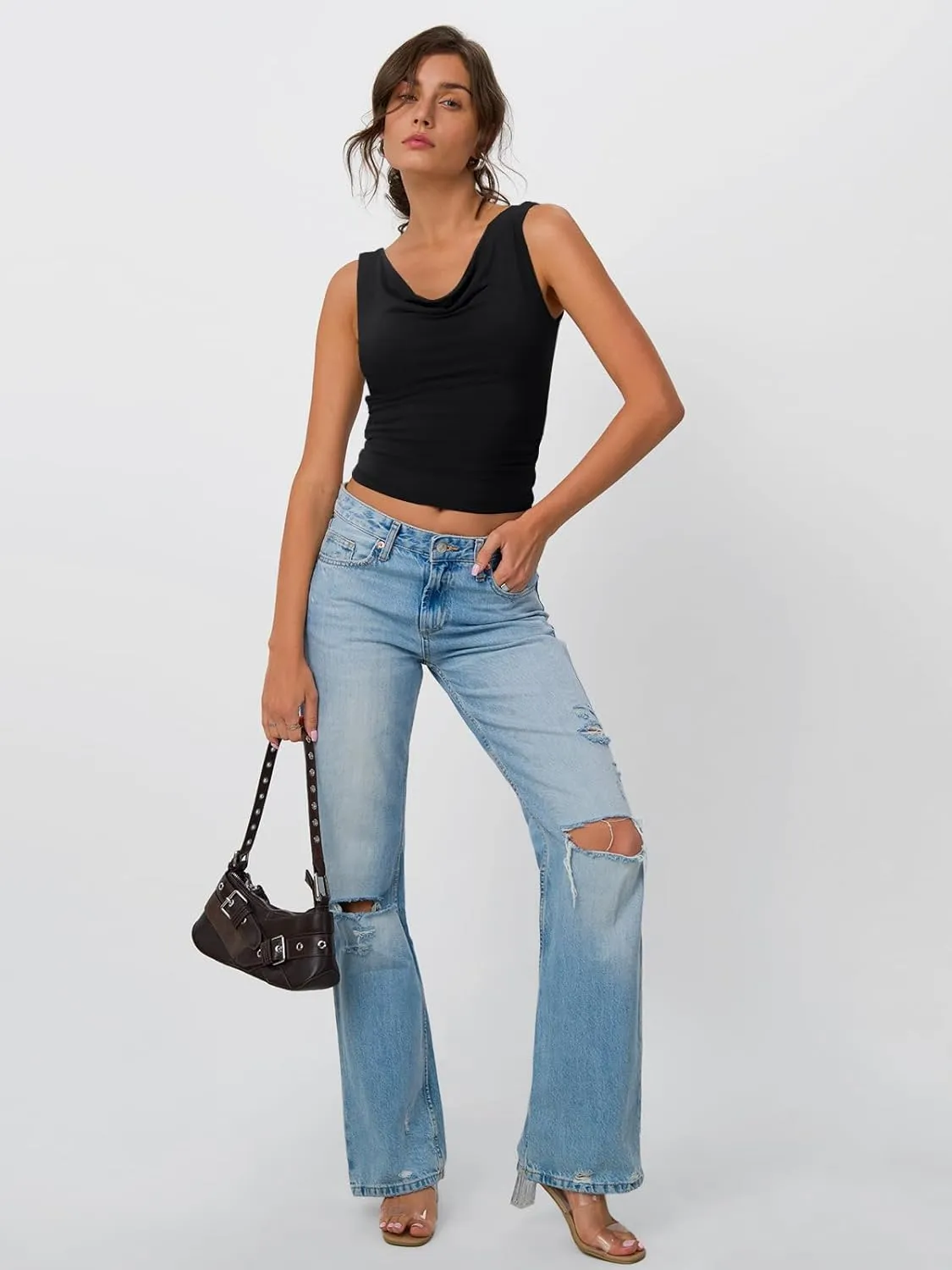 Trendy Queen Womens Going Out Tank Tops 2025 Cowl Neck V Basic Cute Sleeveless Shirts Summer Fashion Outfits Clothes