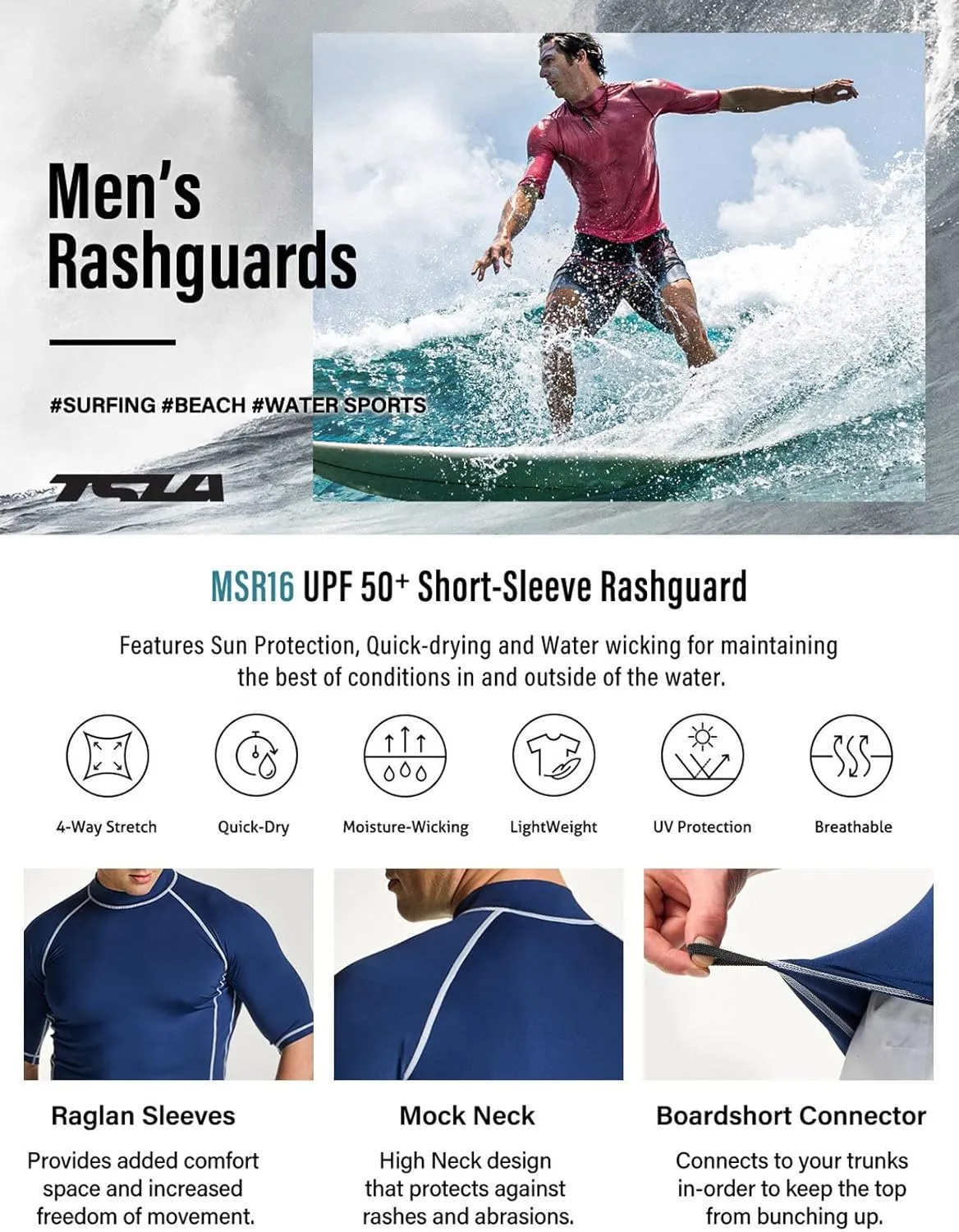 TSLA Men's Rash Guard Swim Shirts, UPF 50  Quick Dry Mid/Short Sleeve Swimming Shirt, UV/SPF Water Surf Shirts