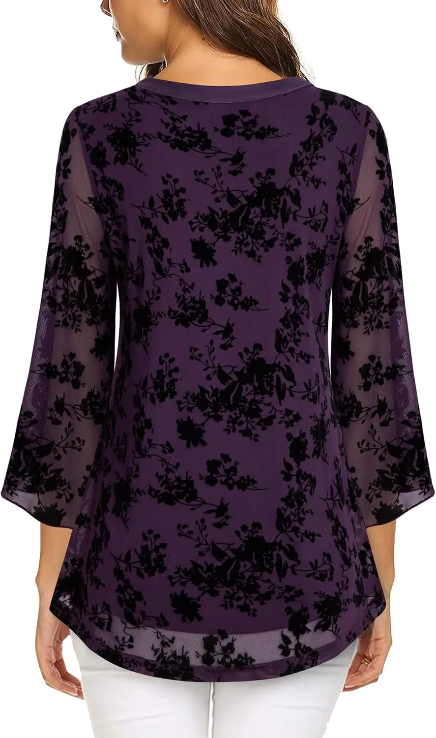 VALOLIA Women's 3/4 Sleeve Floral Tunic Tops V Neck Double Layers Loose Fit Mesh Blouses Shirt