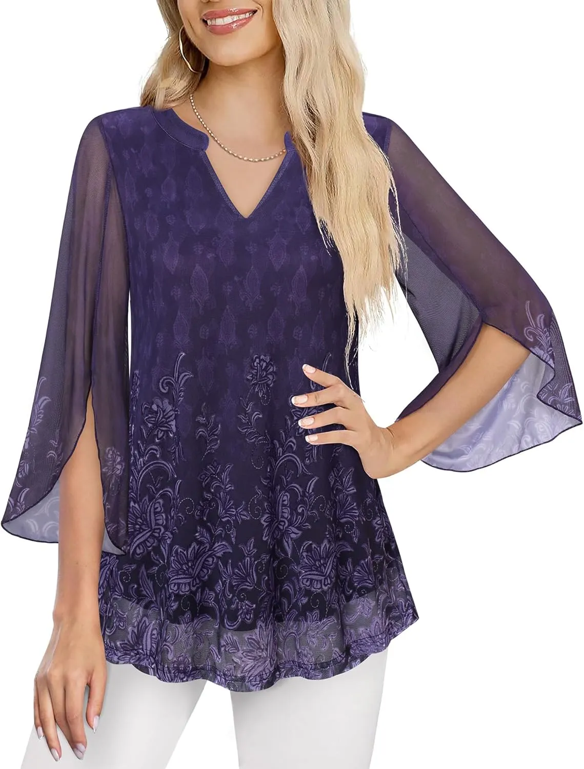 VALOLIA Women's 3/4 Sleeve Floral Tunic Tops V Neck Double Layers Loose Fit Mesh Blouses Shirt