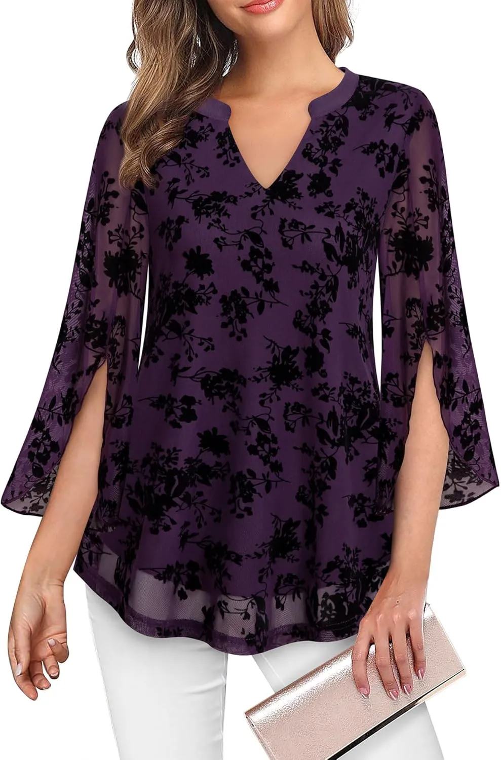 VALOLIA Women's 3/4 Sleeve Floral Tunic Tops V Neck Double Layers Loose Fit Mesh Blouses Shirt