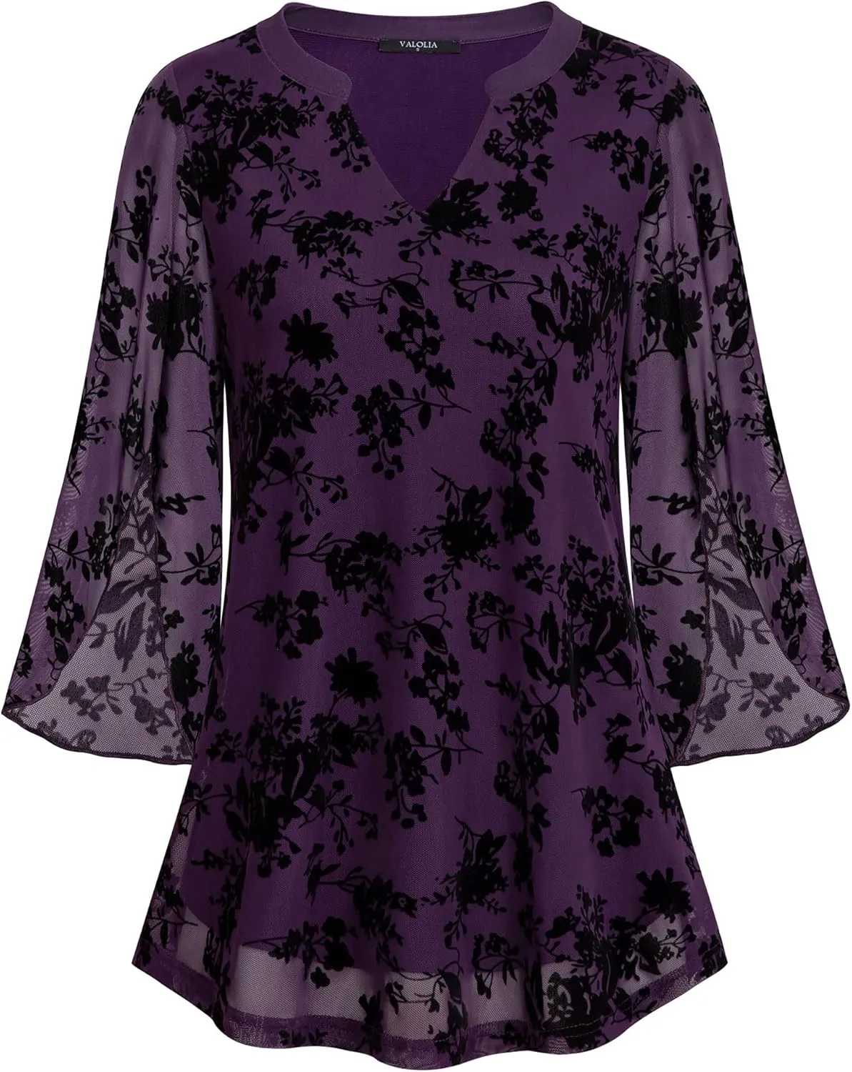 VALOLIA Women's 3/4 Sleeve Floral Tunic Tops V Neck Double Layers Loose Fit Mesh Blouses Shirt