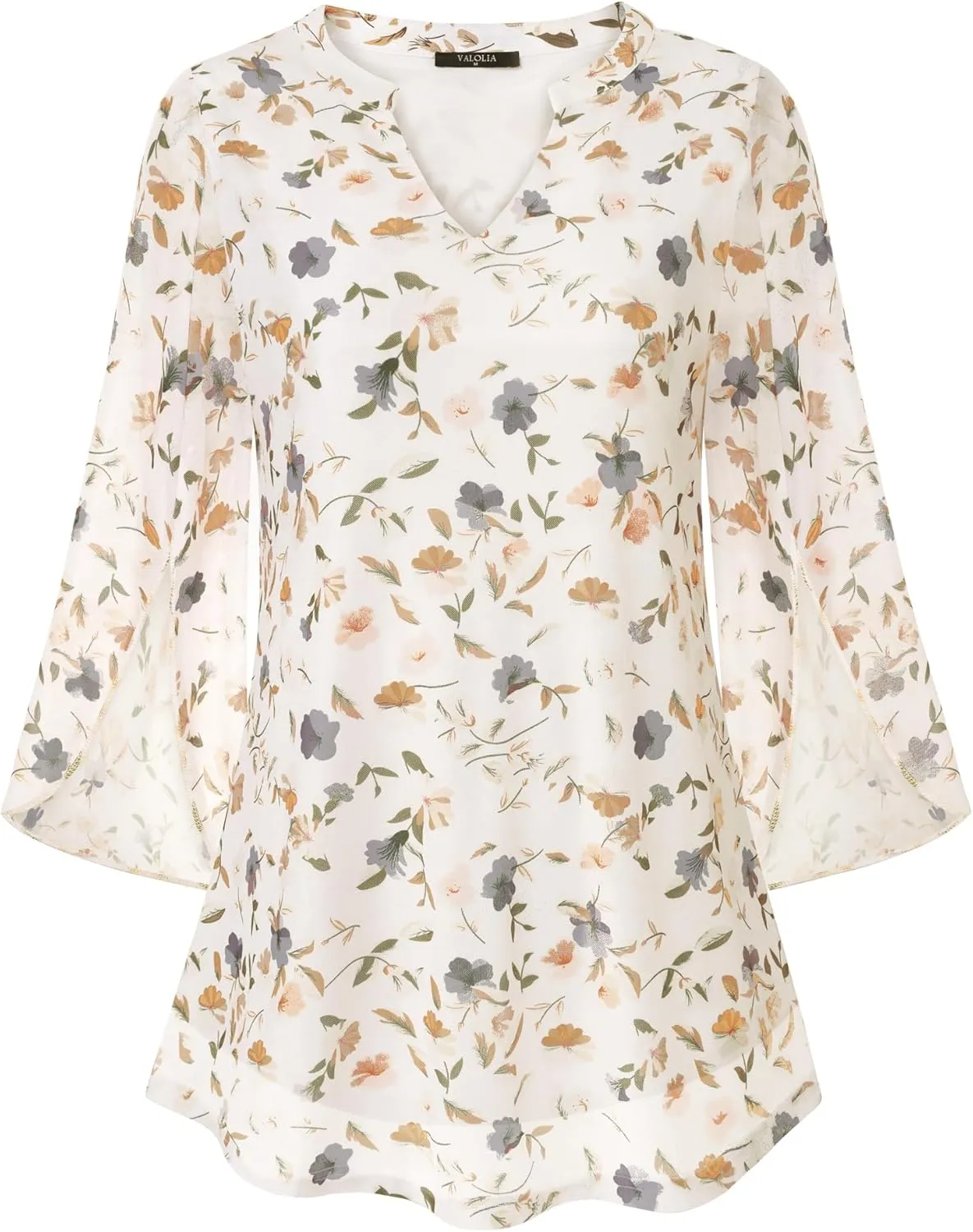 VALOLIA Women's 3/4 Sleeve Floral Tunic Tops V Neck Double Layers Loose Fit Mesh Blouses Shirt