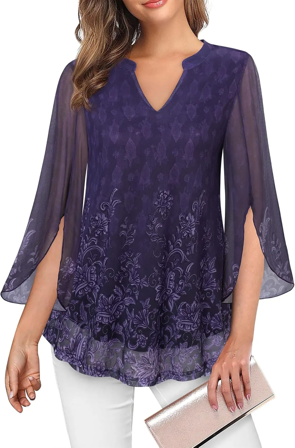 VALOLIA Women's 3/4 Sleeve Floral Tunic Tops V Neck Double Layers Loose Fit Mesh Blouses Shirt