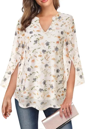 VALOLIA Women's 3/4 Sleeve Floral Tunic Tops V Neck Double Layers Loose Fit Mesh Blouses Shirt