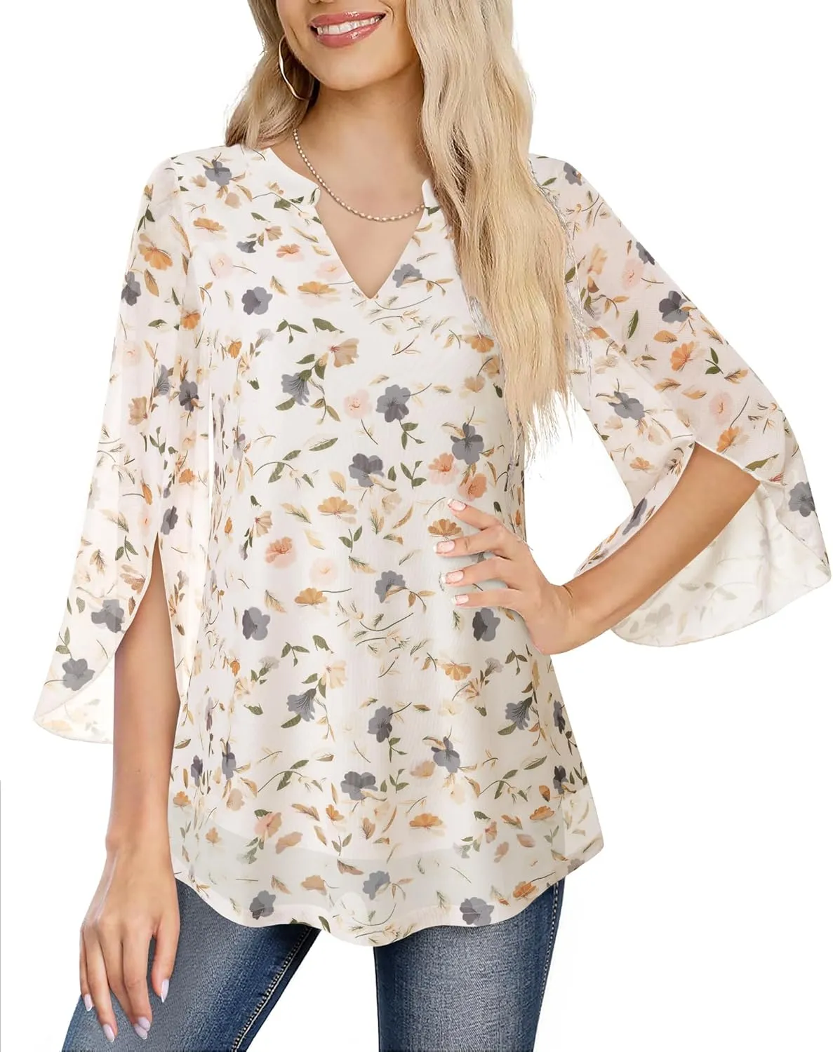 VALOLIA Women's 3/4 Sleeve Floral Tunic Tops V Neck Double Layers Loose Fit Mesh Blouses Shirt