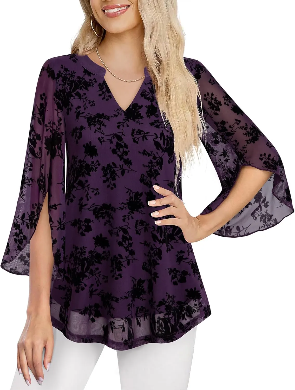 VALOLIA Women's 3/4 Sleeve Floral Tunic Tops V Neck Double Layers Loose Fit Mesh Blouses Shirt