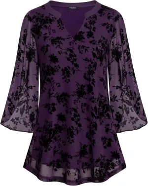 VALOLIA Women's 3/4 Sleeve Floral Tunic Tops V Neck Double Layers Loose Fit Mesh Blouses Shirt